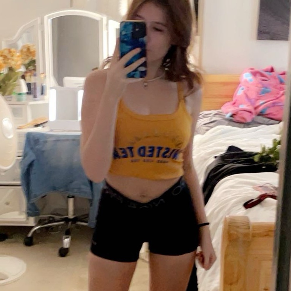 yellow twisted tea shirt in a kids size medium worn once self cut/self made
